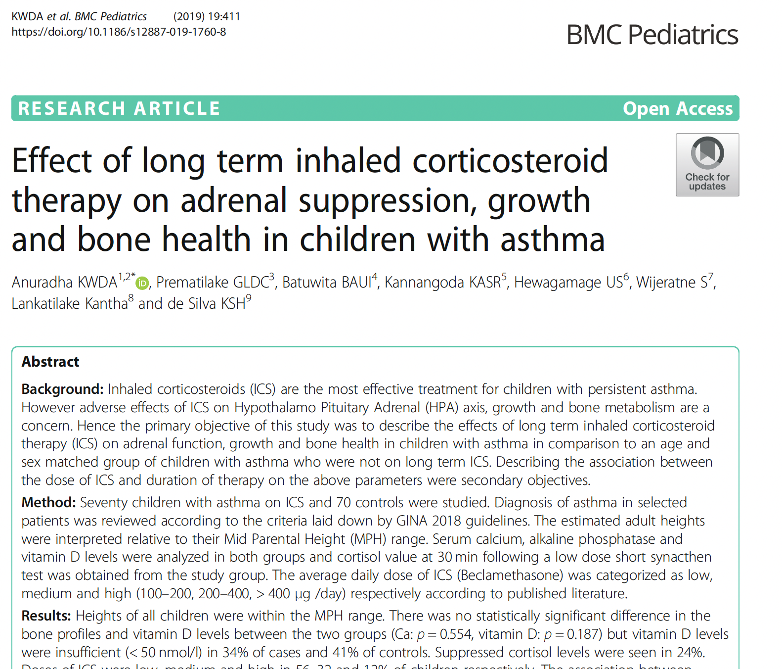 Effect of long term inhaled corticosteroid therapy on adrenal suppression, growth and bone health in children with asthma